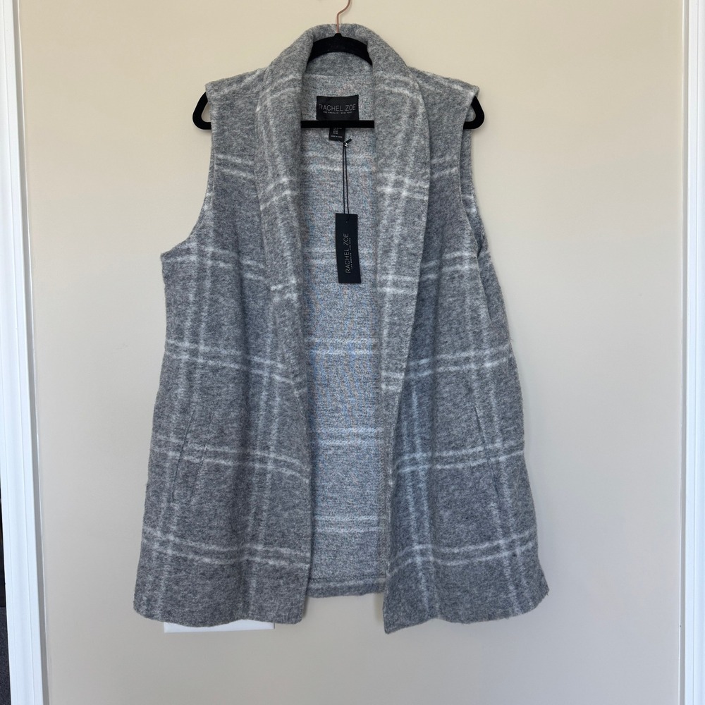 Rachel Zoe Gray Plaid Wool Blend Shawl Collar Open Front Vest XL NWT